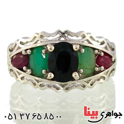 انگشتر چند جواهر یاقوت و زمرد مردانه رادیوم لوکس پنج نگین _کد:9558