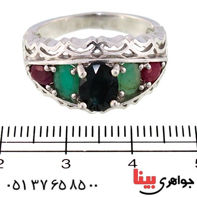 انگشتر چند جواهر یاقوت و زمرد مردانه رادیوم لوکس پنج نگین _کد:9558