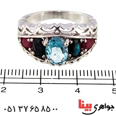 انگشتر چند جواهر توپاز و یاقوت مردانه رادیوم لوکس پنج نگین اسلیمی _کد:9579