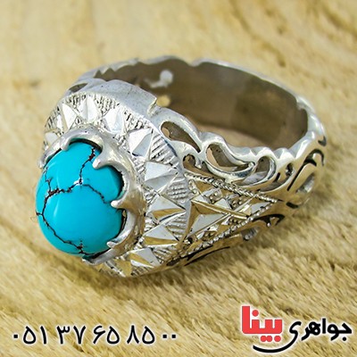 انگشتر فیروزه نیشابوری مرغوب مردانه آینه و اره کاری فاخر باشکوه _کد:1371