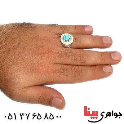 انگشتر فیروزه نیشابوری مرغوب مردانه آینه و اره کاری فاخر باشکوه _کد:1371