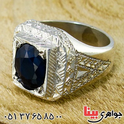 انگشتر یاقوت کبود مردانه درشت مربعی آینه کاری فاخر _کد:1374