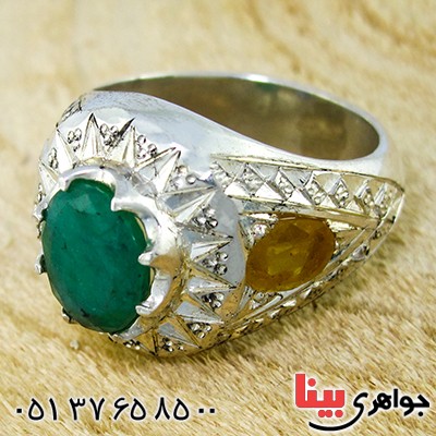 انگشتر زمرد و یاقوت مردانه درشت آینه کاری فاخر _کد:1375