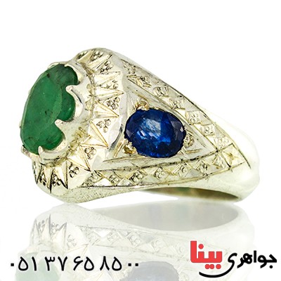 انگشتر زمرد و یاقوت مردانه درشت آینه کاری فاخر _کد:1375