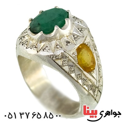 انگشتر زمرد و یاقوت مردانه درشت آینه کاری فاخر _کد:1375