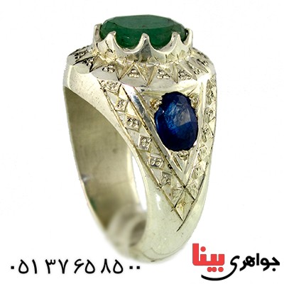 انگشتر زمرد و یاقوت مردانه درشت آینه کاری فاخر _کد:1375