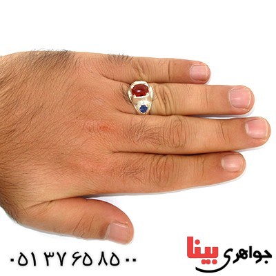 انگشتر عقیق یمنی مردانه با زمرد و یاقوت کبود مردانه سنتی _کد:9797