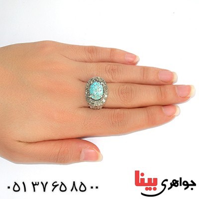 انگشتر فیروزه نیشابوری زنانه درشت رادیوم لوکس مارکازیتی _کد:9808