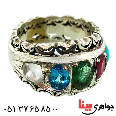 انگشتر چند جواهر مرغوب مردانه درشت سنتی پنج نگین _کد:1381