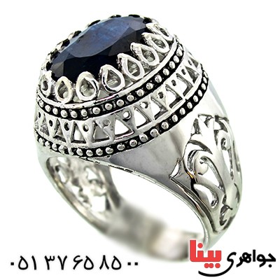 انگشتر یاقوت کبود درشت مردانه دوراشکی اسلیمی _کد:9826