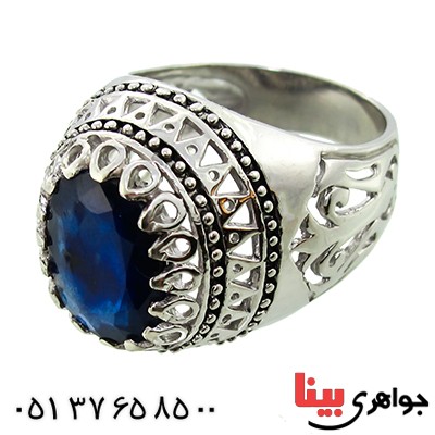 انگشتر یاقوت کبود درشت مردانه دوراشکی اسلیمی _کد:9826