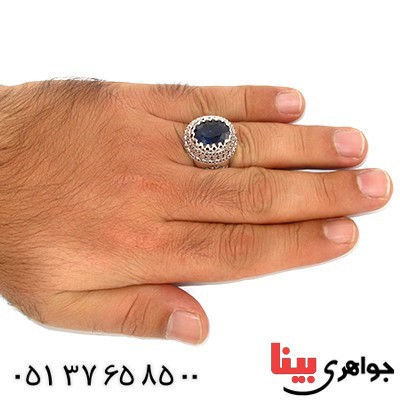 انگشتر یاقوت کبود درشت مردانه دوراشکی اسلیمی _کد:9826