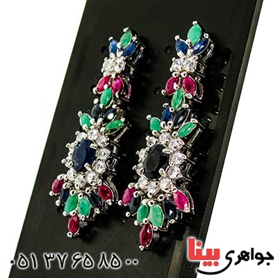 گوشواره چند جواهر یاقوت و زمرد زنانه رادیوم لوکس مدل گل چهره _کد:9830