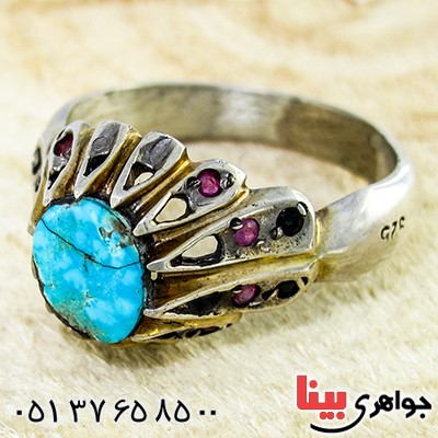 انگشتر فیروزه نیشابوری مردانه رکاب اشکی مزین به یاقوت _کد:9858