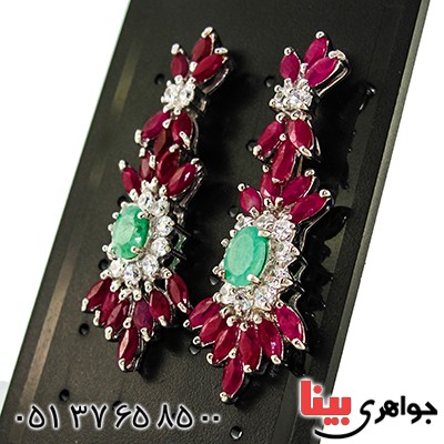 گوشواره چند جواهر یاقوت و زمرد زنانه درشت رادیوم لوکس مجلسی _کد:9866