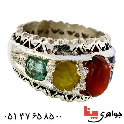انگشتر چند جواهر درجه یک مردانه درشت سنتی پنج نگین _کد:1412