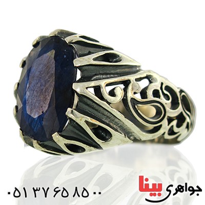 انگشتر یاقوت کبود درشت مردانه اسلیمی دور اشکی _کد:9912