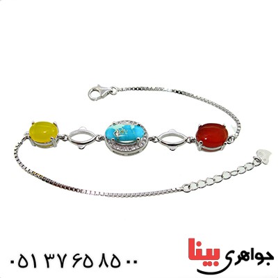 دستبند چند جواهر عقیق و فیروزه زنانه مدل سیمین _کد:9925