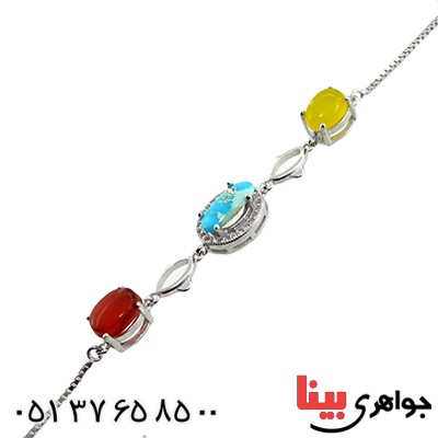 دستبند چند جواهر عقیق و فیروزه زنانه مدل سیمین _کد:9925