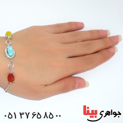 دستبند چند جواهر عقیق و فیروزه زنانه مدل سیمین _کد:9925