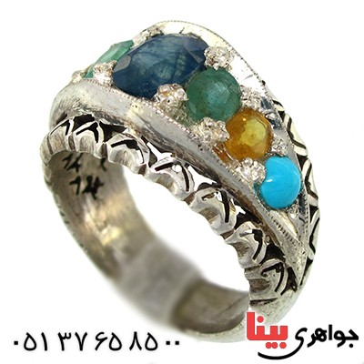 انگشتر چند جواهر خوشرنگ مردانه درشت سنتی پنج نگین _کد:1435
