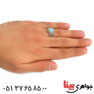انگشتر فیروزه نیشابوری مردانه رادیوم لوکس سیاه قلم _کد:9990