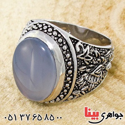 انگشتر عقیق یمنی کبود مردانه درشت طرح قلم زنی استاد فرشچیان _کد:9993