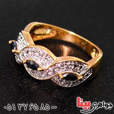 انگشتر یاقوت کبود و الماس زنانه مانی مدل بافت _کد:10023