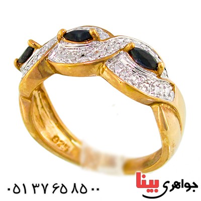 انگشتر یاقوت کبود و الماس زنانه مانی مدل بافت _کد:10023