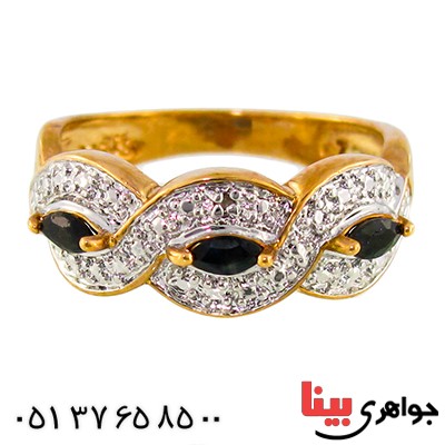 انگشتر یاقوت کبود و الماس زنانه مانی مدل بافت _کد:10023