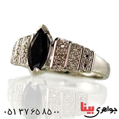 انگشتر یاقوت کبود و الماس زنانه مانی ایتالیایی مدل تک نگین بادامی _کد:10063