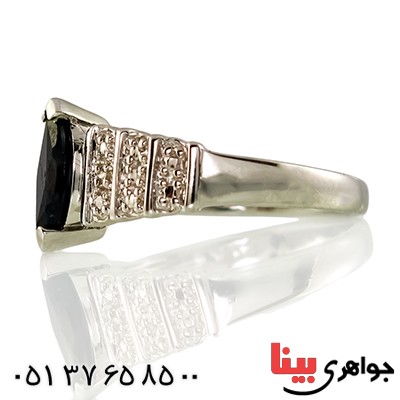 انگشتر یاقوت کبود و الماس زنانه مانی ایتالیایی مدل تک نگین بادامی _کد:10063