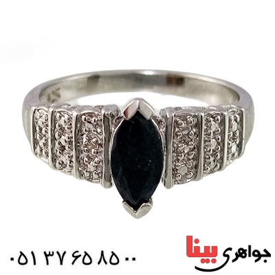 انگشتر یاقوت کبود و الماس زنانه مانی ایتالیایی مدل تک نگین بادامی _کد:10063