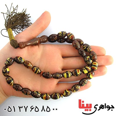 تسبیح سندلوس کهربایی 33 دانه ای درشت با عطر حرم مطهر _کد:10102