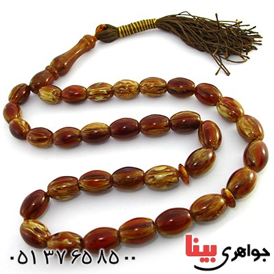تسبیح سندلوس کهربایی 33 دانه ای هلی درشت با عطر حرم مطهر _کد:10127