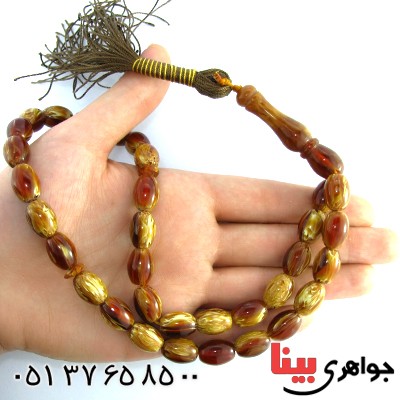 تسبیح سندلوس کهربایی 33 دانه ای هلی درشت با عطر حرم مطهر _کد:10127