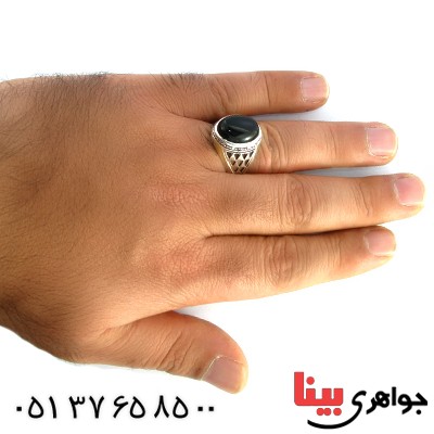 انگشتر عقیق سیاه (اونیکس) مردانه مدل مشبک _کد:10144