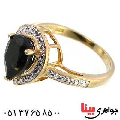 انگشتر یاقوت کبود و تک الماس میکرو زنانه مانی ایتالیایی مدل اشکی _کد:10150