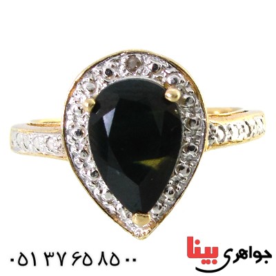 انگشتر یاقوت کبود و تک الماس میکرو زنانه مانی ایتالیایی مدل اشکی _کد:10150