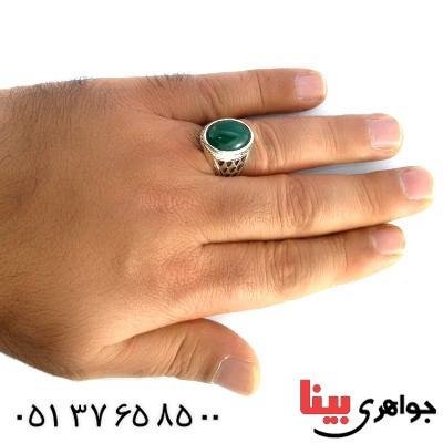 انگشتر عقیق سبز خراسانی مردانه مدل مشبک _کد:10163