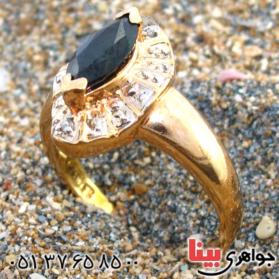 انگشتر یاقوت کبود و دو الماس میکرو زنانه مانی ایتالیایی _کد:10164