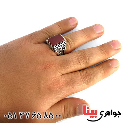 انگشتر عقیق قرمز مردانه سنگین علی مع الحق طرح فاخر _کد:10210