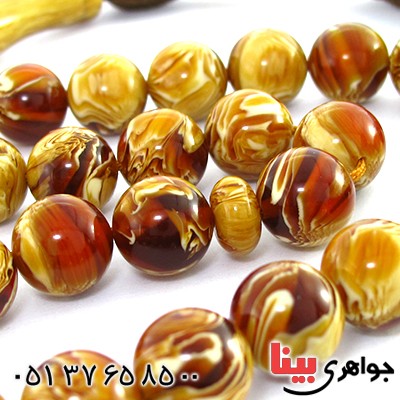 تسبیح سندلوس کهربایی 33 دانه ای درشت با عطر حرم مطهر _کد:10236