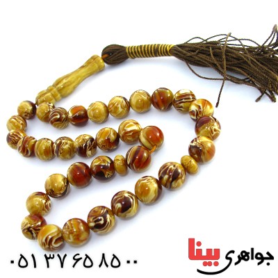 تسبیح سندلوس کهربایی 33 دانه ای درشت با عطر حرم مطهر _کد:10236