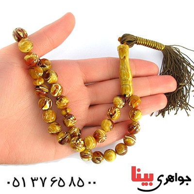 تسبیح سندلوس کهربایی 33 دانه ای درشت با عطر حرم مطهر _کد:10236