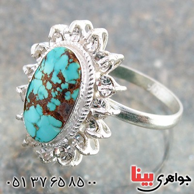 انگشتر فیروزه نیشابوری شجری درشت بیضی زنانه دور جواهری _کد:10323