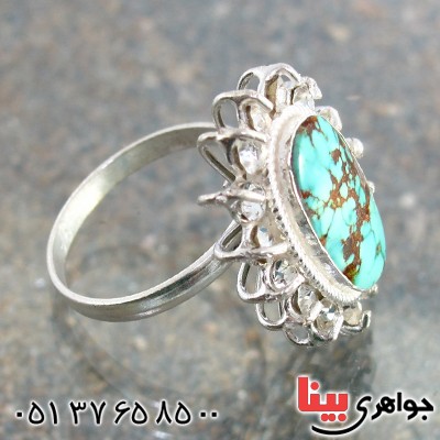 انگشتر فیروزه نیشابوری شجری درشت بیضی زنانه دور جواهری _کد:10323