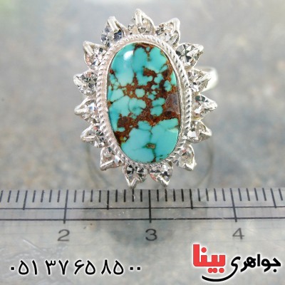 انگشتر فیروزه نیشابوری شجری درشت بیضی زنانه دور جواهری _کد:10323