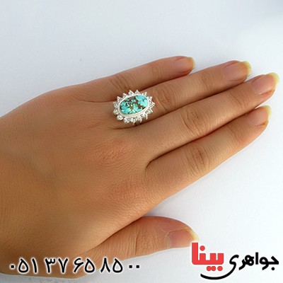 انگشتر فیروزه نیشابوری شجری درشت بیضی زنانه دور جواهری _کد:10323