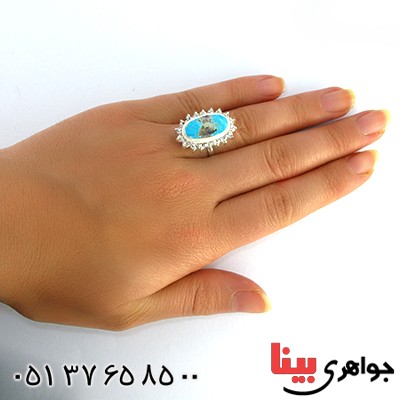 انگشتر فیروزه نیشابوری شجری درشت زنانه دور جواهری _کد:10326